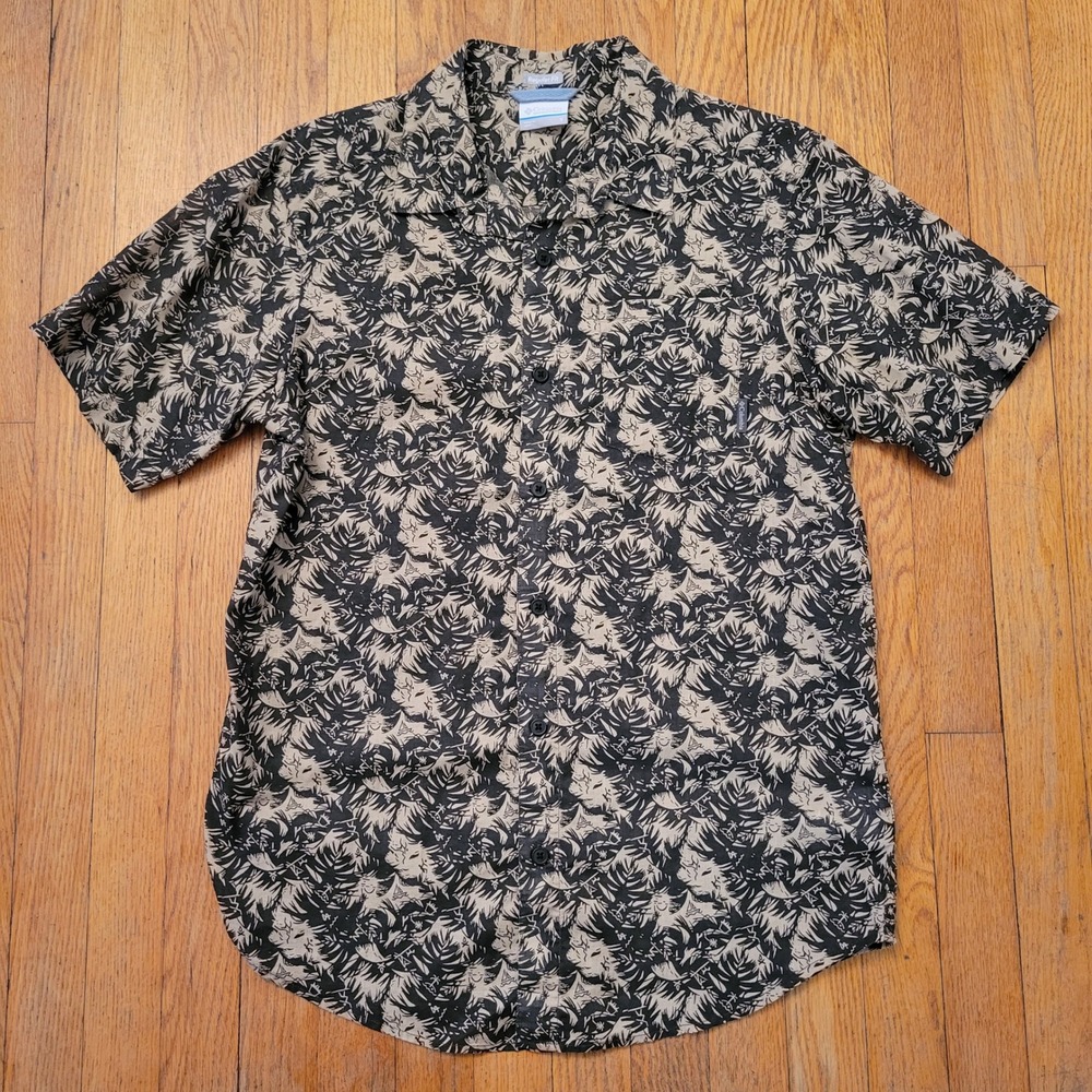 Columbia S Camp Shirt Tan Black Graphic Tropical Print Regular Fit Summer Retro